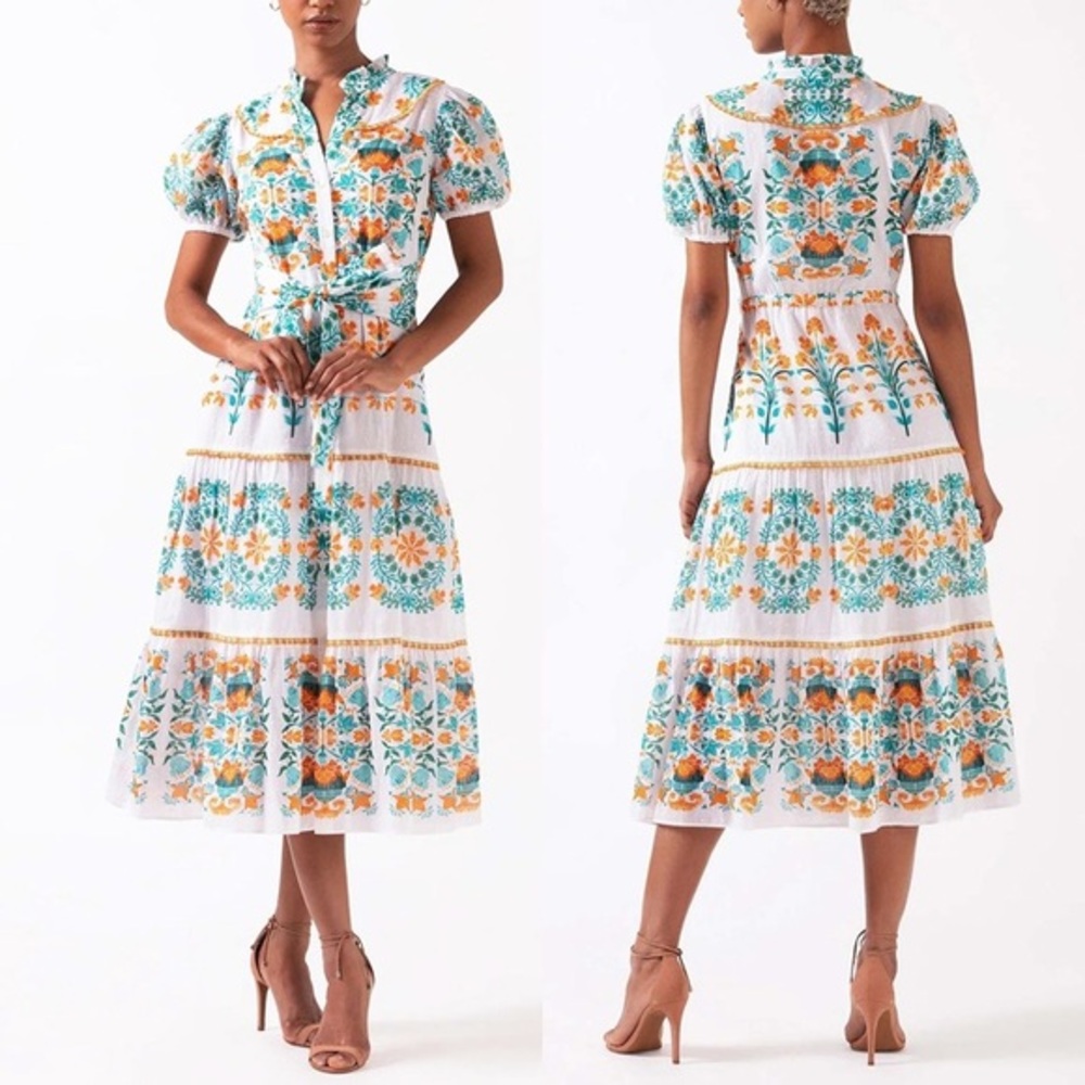 Celina Moon Pippa Floral White Orange Green Short Sleeve Midi Dress M - Picture 1 of 11